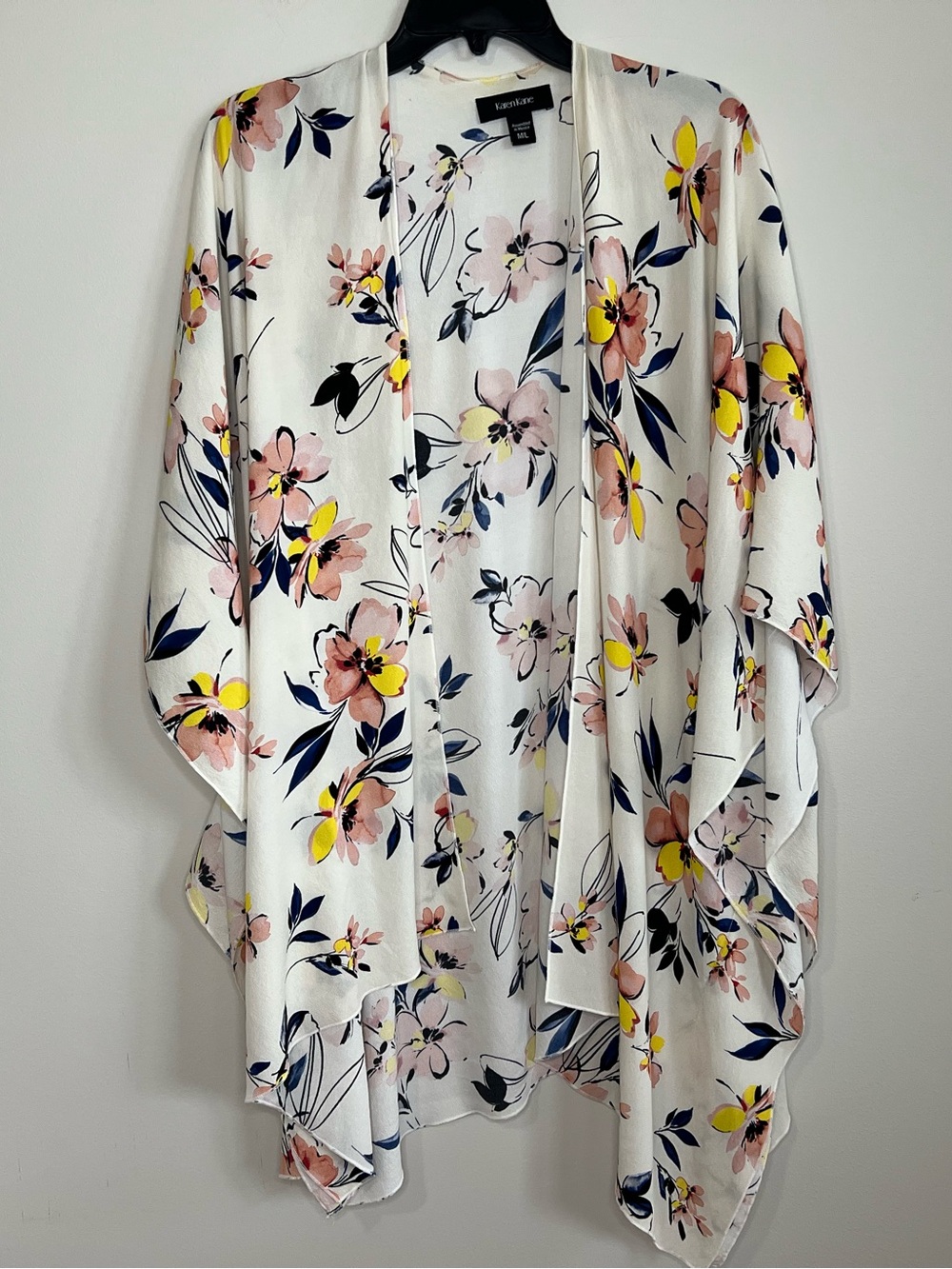 Karen Kane White Floral Asymmetrical Kimono with Pink & Yellow Blooms
